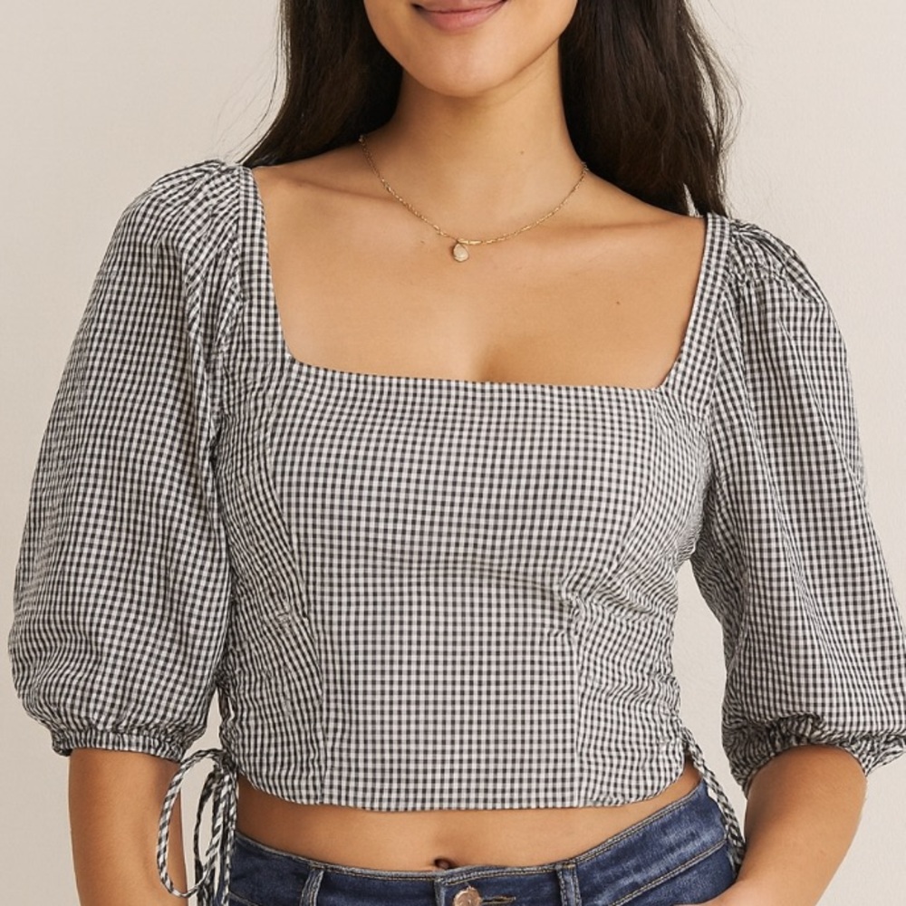 Abercrombie & Fitch Gingham Puff Sleeve Lace-Up Crop Top Women’s Size S